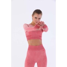 Maraton SlimFit Kadın Bisiklet Yaka  Uzun Kol Gül Rengi Crop Top 816020