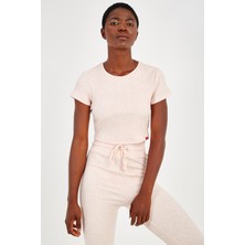 Maraton SlimFit Kadın Bisiklet Yaka  Kısa Kol Mercan Crop Top 18997