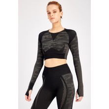 Maraton SlimFit Kadın Bisiklet Yaka  Uzun Kol Siyah Crop Top 816013