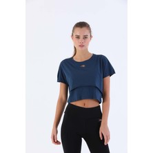 Maraton Comfort Kadın Bisiklet Yaka  Navymelanj Crop Top