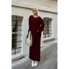 Kadın Bisiklet Yaka Saç Örgülü Triko Midi Elbise