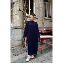 Kadın Bisiklet Yaka Saç Örgülü Triko Midi Elbise