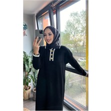 Oversize Düğmeli V Yaka Fitilli Triko Tesettür Elbise