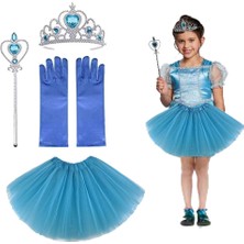 Çocuk Elsa Kostümü Elsa Eteği Eldiveni Tacı ve Asası 4 Lü Set