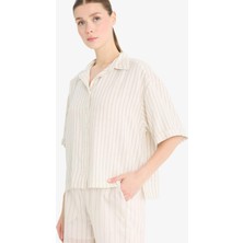 DeFacto Loose Fit Çizgili Keten Karışımlı Kısa Kollu Gömlek F5546AX25SM