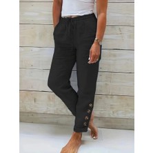 Kadın Yüksek Bel Lastikli Yandan Düğmeli Ithal Keten Pantolon