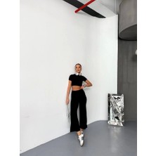 Osy Modal Yumuşak Dokulu Kumaş Kısa Kollu Crop Alt Ispanyol Paça Pantalon Ikili Takım - Siyah