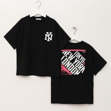 Kız Çocuk Kısa Kol Yazlık Tişört  - (8 Yaş-13 Yaş) - FN240314 - Siyah