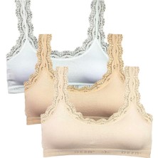 3 Adet Dantel Nakış Işlemeli Pedli Bambu Kadın Büstiyer Beyaz Ten Krem