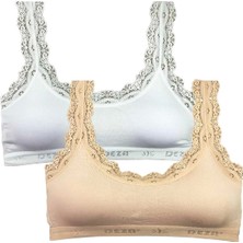 2 Adet Dantel Nakış Işlemeli Pedli Bambu Kadın Büstiyer Beyaz Ten