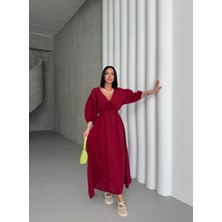 Kadın V Yaka Bağlama Detaylı Müslin Yazlık Elbise