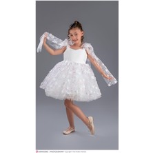 Kız Çocuk Beyaz Çiçek  Tüllü Abiye Omuz Bağlamalı Model Elbise