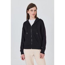 Siyah Fermuarlı Kapüşonlu Şerit Detaylı Sweatshirt 3045