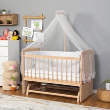 Bamgidoo Ahşap Organik Beşik Anne Yanı Beşik 3 Kademeli Lüx Bebek Beşiği 60 x 120 cm - Krem Güpür Uyku Setli & Soft Yataklı