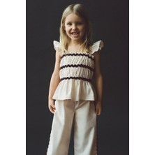 Kız Çocuk Keten Krem Fırfırlı Bluz ve Geniş Paça Pantolon Takım