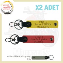 Bikerlar Için Isim Plaka ve 0 Rh (-) Kan Grubu Yazılı Hediye Deri X2 Anahtarlık, Nar Çiçeği-Sarı-Gr