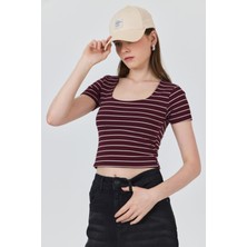 Bordo U Yaka Çizgili Tişört 4016