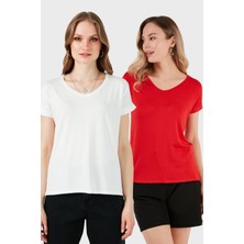 Lela V Yaka Relaxed Fit Yırtmaç Detaylı 2'li Paket Bluz Bayan Bluz 5862000S2