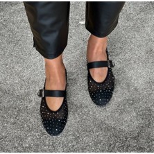 Ne&Ve Shoes Kadın Siyah File Taş Detaylı Tek Bantlı Günlük Rahat Babet Düz Taban