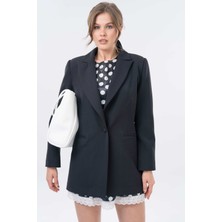 Siyah Tek Düğme Kapama Cepli Dokuma Blazer Ceket