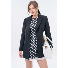 Siyah Tek Düğme Kapama Cepli Dokuma Blazer Ceket