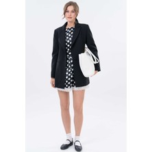 Siyah Tek Düğme Kapama Cepli Dokuma Blazer Ceket