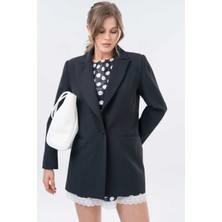 Siyah Tek Düğme Kapama Cepli Dokuma Blazer Ceket