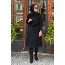 Kayra Premium Yün Kürklü Kruvaze Düğmeli Kaban KA-A23-17024 Siyah