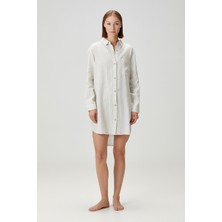 Barine Lino Keten Elbise Gecelik  Krem-Siyah