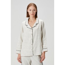 Lino Keten Gömlek Pijama Kırık Beyaz / Siyah Çizgili
