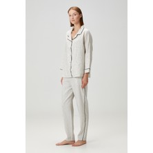 Lino Keten Gömlek Pijama Kırık Beyaz / Siyah Çizgili