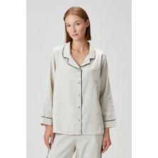 Lino Keten Gömlek Pijama Kırık Beyaz / Siyah Çizgili
