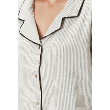Lino Keten Gömlek Pijama Kırık Beyaz / Siyah Çizgili