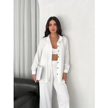 Yakalı Düğmeli Uzun Kollu Gömlek Pantolon Ikili Takım - Beyaz