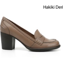 Kadın Açık Vizon Orta Kalın Topuklu Hakiki Deri Ayakkabı