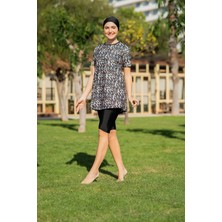 Mirates Siyah Desenli Yarım Kol Büyük Beden Micro (Esnek ve Çabuk Kuruyan) Kumaş Yarı Tesettür Mayo