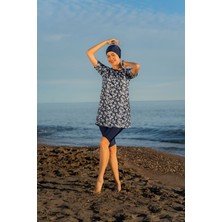 Mirates Lacivert Beyaz Çiçek Desenli Yarım Kol Büyük Beden Micro (Esnek ve Çabuk Kuruyan) Kumaş Yarı Tesettür Mayo