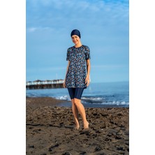 Mirates Lacivert  Çiçek Desenli Yarım Kol Büyük Beden Micro (Esnek ve Çabuk Kuruyan) Kumaş Yarı Tesettür Mayo