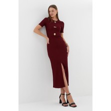 Kısa Kol Midi Elbise Bordo