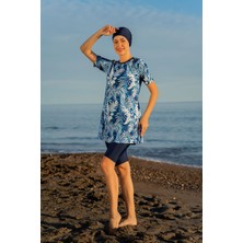 Mirates Lacivert Yaprak Desenli Yarım Kol Micro (Esnek ve Çabuk Kuruyan) Kumaş Yarı Tesettür Mayo