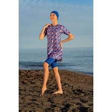 Mirates Mavi Çiçek  Desenli Yarım Kol Micro (Esnek ve Çabuk Kuruyan) Kumaş Yarı Tesettür Mayo