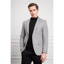  Erkek Gri Yünlü Desenli Dynamic Fit Rahat Kesim Mono Yaka Ceket