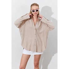 Kadın Koyu Bej Oversize Keten Gömlek