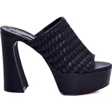 Treant Siyah Hakiki Deri Kadın Topuklu Terlik