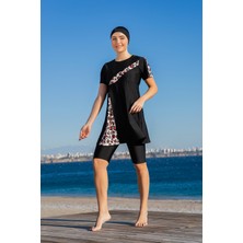 Rukomayo Siyah Desenli Yırtmaç Modelli Yarım Kol Lycra ( Su Itici ve Çabuk Kuruyan ) Kumaş Tesettür Mayo