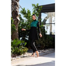 Rukomayo Siyah Yeşil Desenli Crop Model Lycra ( Su Itici ve Çabuk Kuruyan ) Kumaş Tesettür Mayo