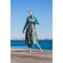Rukomayo Yeşil Desenli Yelekli 3'lü Takım  Lycra Paraşüt ( Su Itici ve Çabuk Kuruyan ) Kumaş Tesettür Mayo