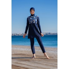 Rukomayo Lacivert Desenli Crop Model Lycra ( Su Itici ve Çabuk Kuruyan ) Kumaş Tesettür Mayo
