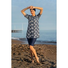 Mirates Lacivert Desenli Yarım Kol Büyük Beden Micro (Esnek ve Çabuk Kuruyan) Kumaş Yarı Tesettür Mayo