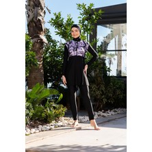 Rukomayo Siyah Desenli Crop Model Lycra ( Su Itici ve Çabuk Kuruyan ) Kumaş Tesettür Mayo